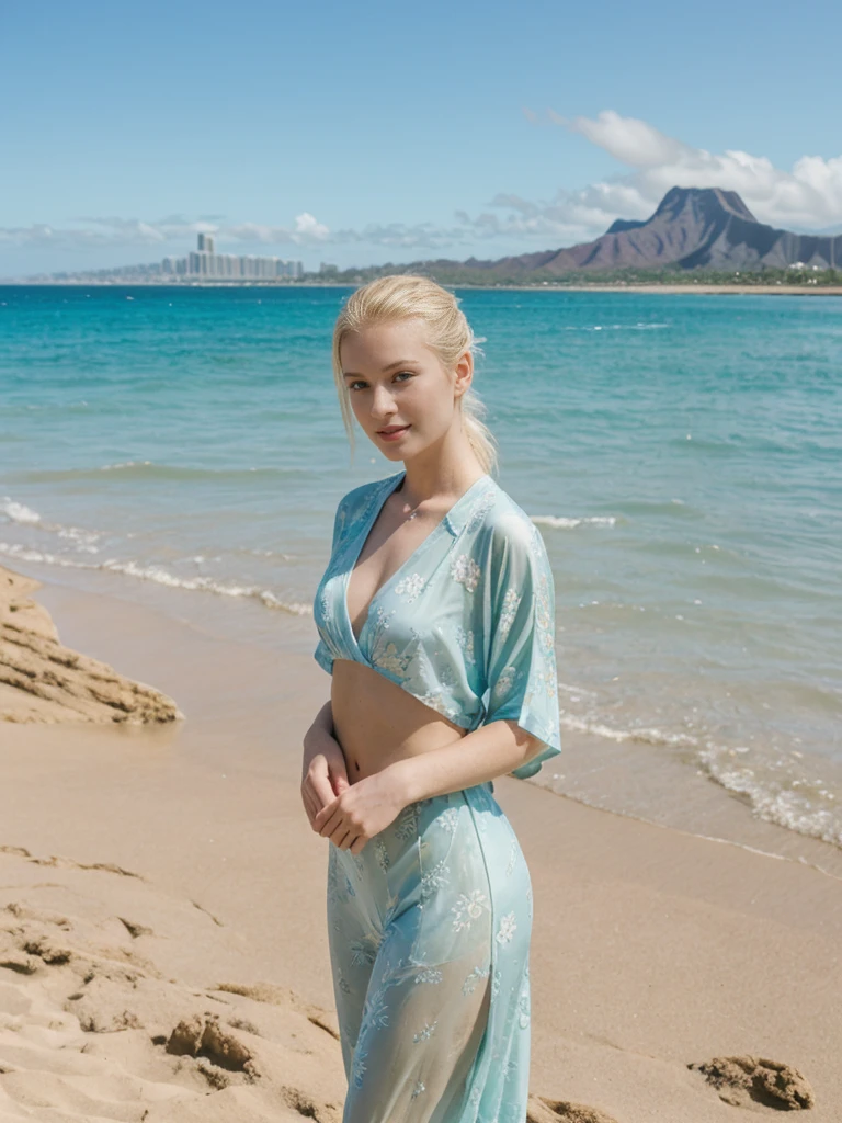 her name is Elle, high quality, 1girl, ((20-year-old fit Caucasian woman)), ((20 years old)), ((fit)), ((pale skin)), ((sleek ponytail blonde colored hair)) , wearing Green Embroidered Sheer Kimono + High-Waisted Palazzo Pants, pose: standing, background: Describe the tropical urban paradise of Waikiki Beach in Honolulu, with its high-rise hotels, pristine beaches, and the iconic Diamond Head crater in the background.