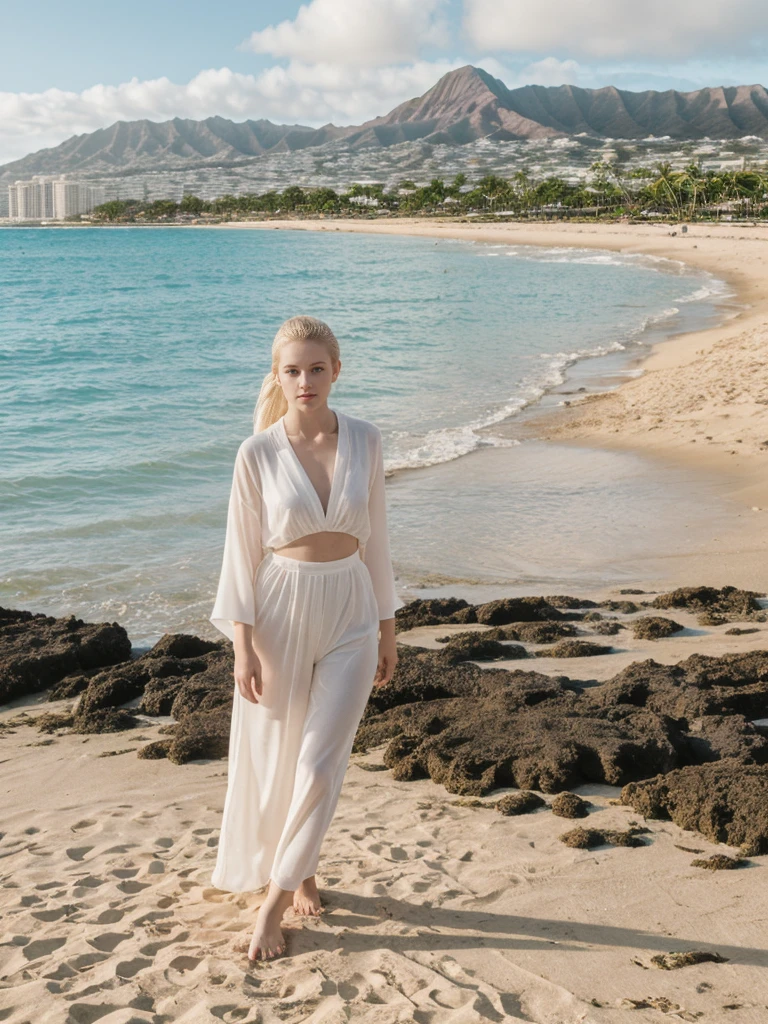 her name is Elle, high quality, 1girl, ((20-year-old fit Caucasian woman)), ((20 years old)), ((fit)), ((pale skin)), ((sleek ponytail blonde colored hair)) , wearing Green Embroidered Sheer Kimono + High-Waisted Palazzo Pants, pose: standing, background: Describe the tropical urban paradise of Waikiki Beach in Honolulu, with its high-rise hotels, pristine beaches, and the iconic Diamond Head crater in the background.