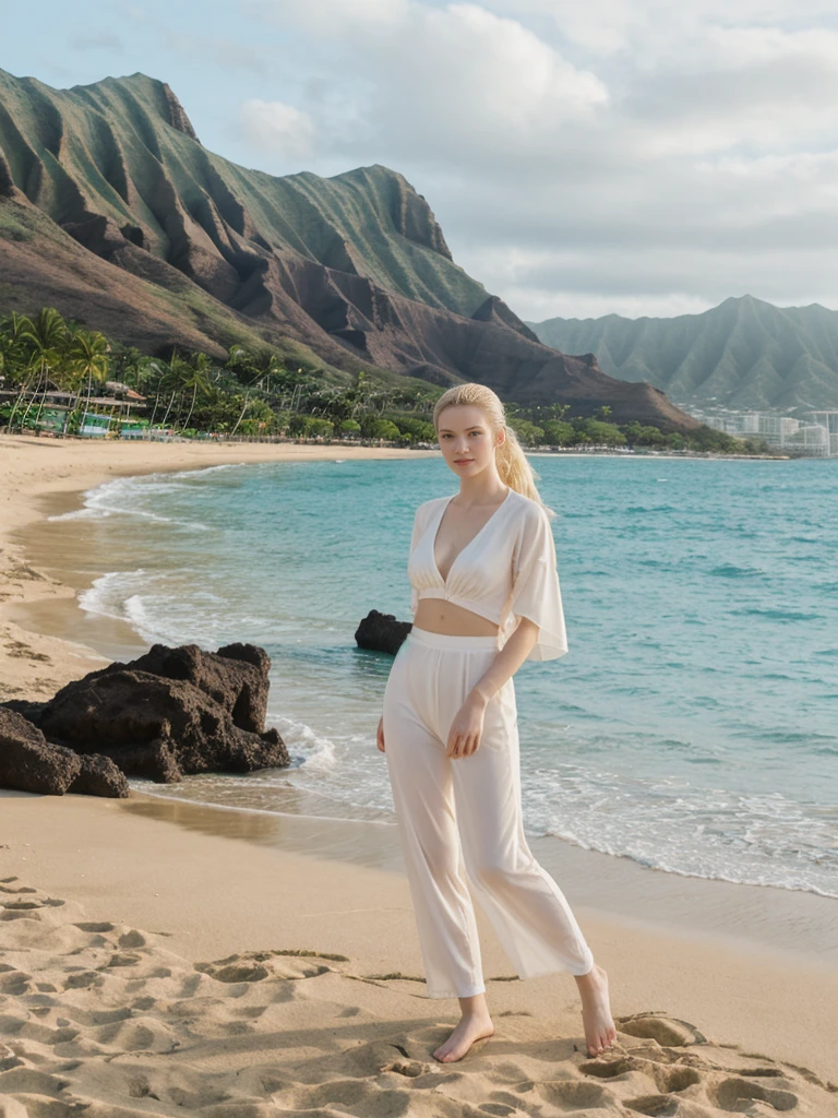 her name is Elle, high quality, 1girl, ((20-year-old fit Caucasian woman)), ((20 years old)), ((fit)), ((pale skin)), ((sleek ponytail blonde colored hair)) , wearing Green Embroidered Sheer Kimono + High-Waisted Palazzo Pants, pose: standing, background: Describe the tropical urban paradise of Waikiki Beach in Honolulu, with its high-rise hotels, pristine beaches, and the iconic Diamond Head crater in the background.