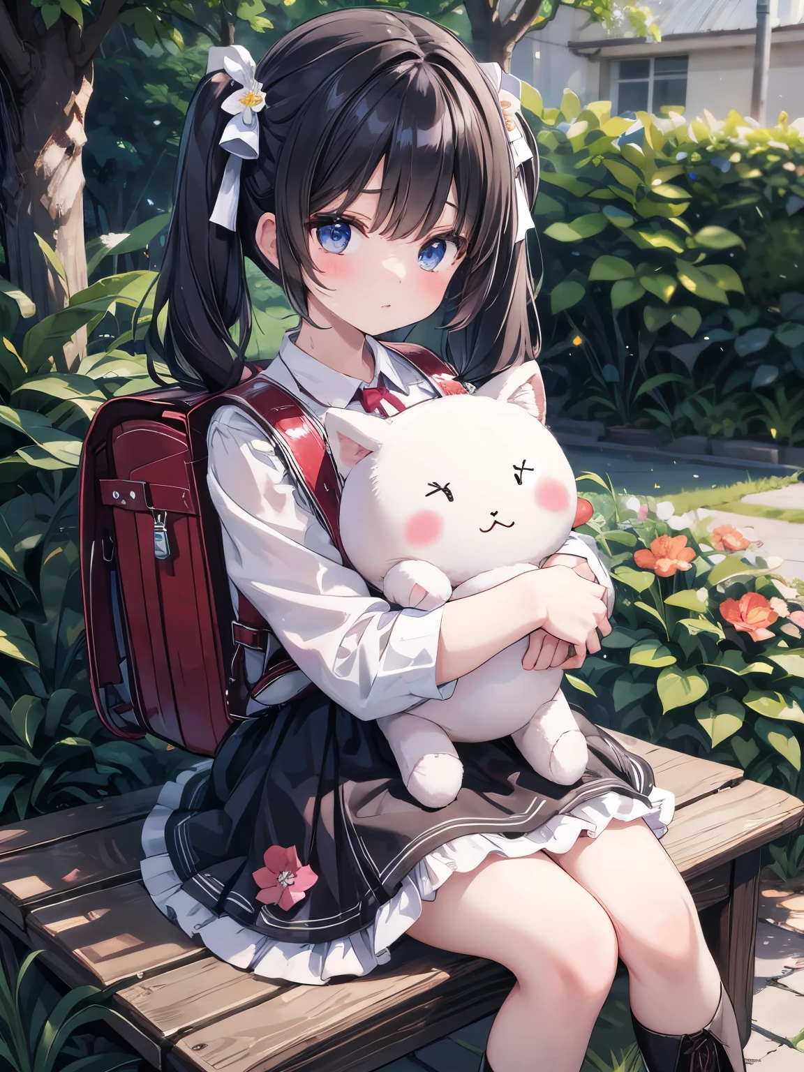 Masterpiece, hd, realistic, high school girl,17 years old, black hair, twintails, hair ribbon, hair ornaments, innocent face,teenage girl,cute,summer clothes, flower dress, Lolita dress,white long socks, wearing boots, everyday wear,sitting, Sitting on bench,flower garden,black hair,ribbon, wearing school backpack, (backpack:1.2), hugging a fluffy doll, (hugging dolls:1.2)