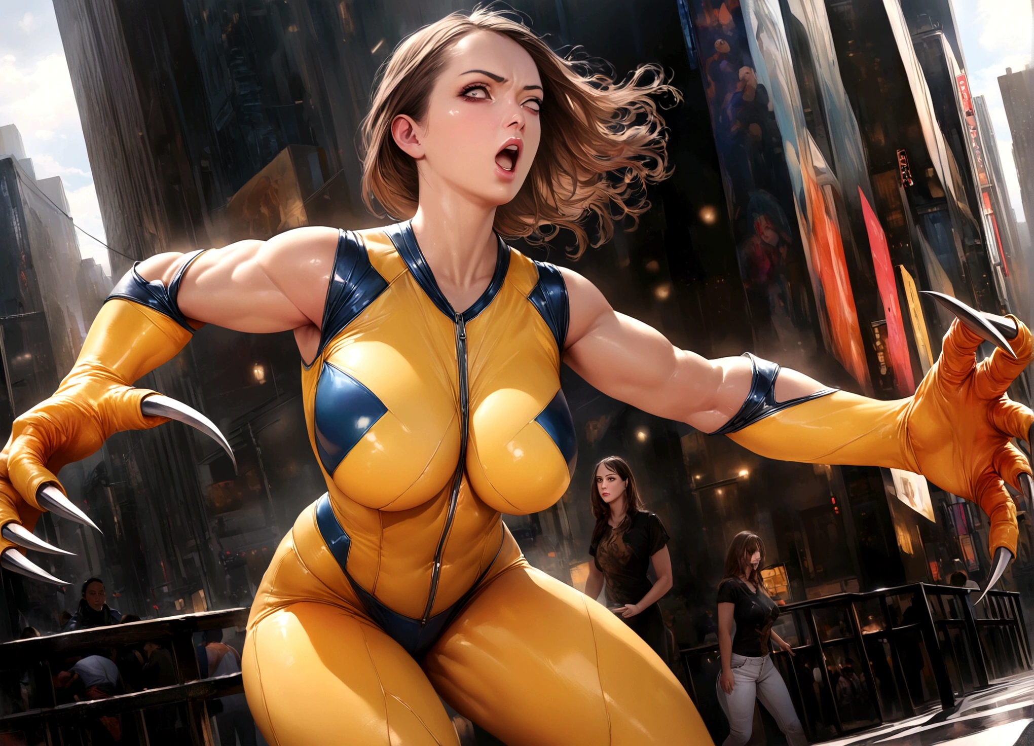 a cute woman as Wolverine,enraged Wolverine,claws out,ready to fight,One Punch Man Saitama unimpressed,New York City setting,highly detailed,cinematic,dramatic lighting,intense expression,muscular body,dynamic pose,gritty,realistic,intricate details,hyper-realistic,award winning digital art
