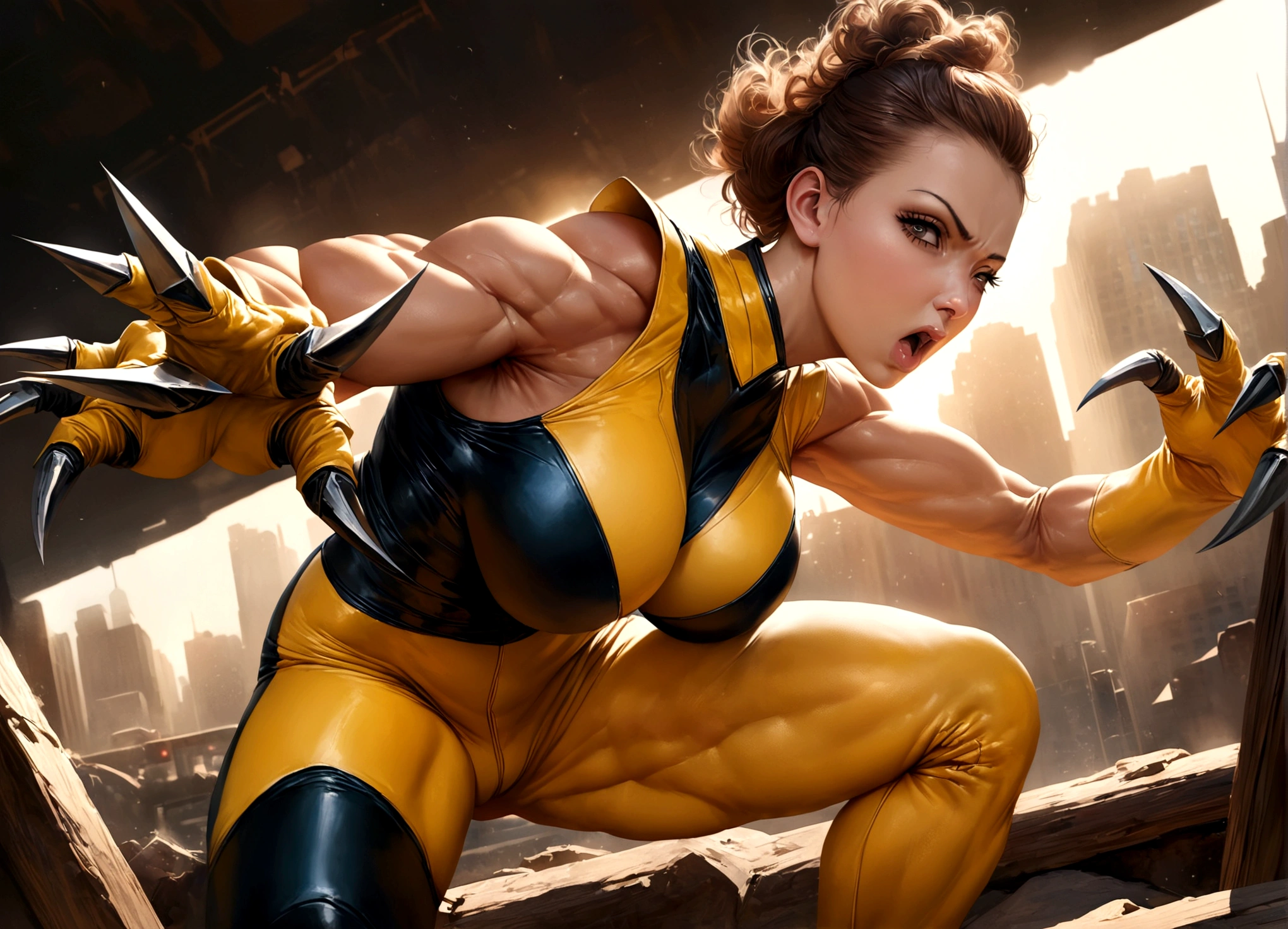 a cute woman as Wolverine,enraged Wolverine,claws out,ready to fight,One Punch Man Saitama unimpressed,New York City setting,highly detailed,cinematic,dramatic lighting,intense expression,muscular body,dynamic pose,gritty,realistic,intricate details,hyper-realistic,award winning digital art