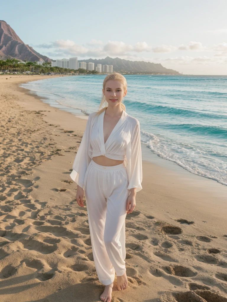 her name is Elle, high quality, 1girl, ((20-year-old fit Caucasian woman)), ((20 years old)), ((fit)), ((pale skin)), ((sleek ponytail blonde colored hair)) , wearing Green Embroidered Sheer Kimono + High-Waisted Palazzo Pants, pose: standing, background: Describe the tropical urban paradise of Waikiki Beach in Honolulu, with its high-rise hotels, pristine beaches, and the iconic Diamond Head crater in the background.
