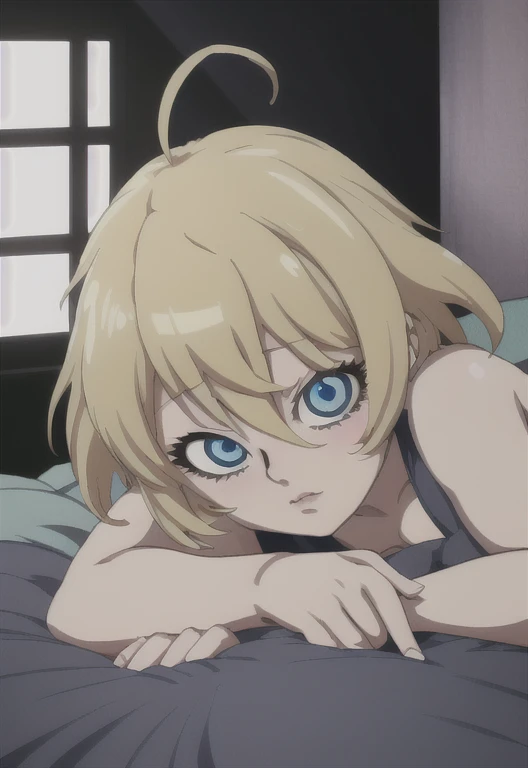 Anime character lying on bed with blue eyes and blonde hair, Anime drawing inspired by Yoshio Markino, Trending on pixiv, mingei, In the anime movie, Screenshot of the anime movie, Anime girl crouching, A shot from the anime movie, It is still an iconic anime today, The anime image is fixed, Screenshot from the anime Goro, Still from TV animation