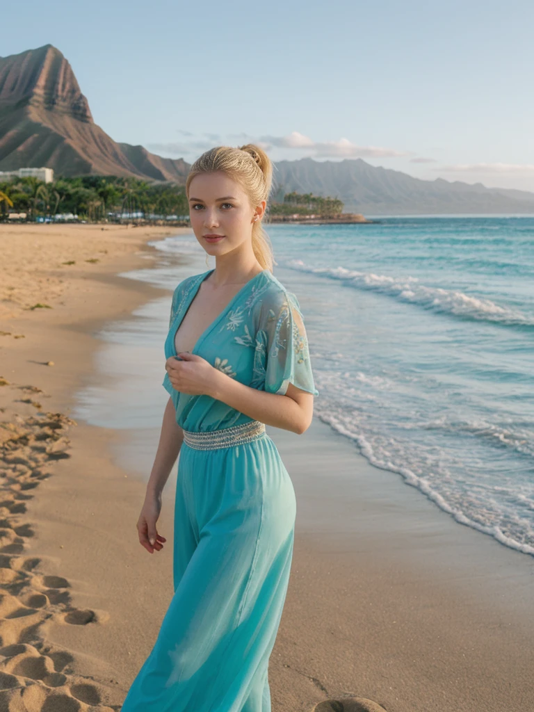 her name is Elle, high quality, 1girl, ((20-year-old fit Caucasian woman)), ((20 years old)), ((fit)), ((pale skin)), ((sleek ponytail blonde colored hair)) , wearing Green Embroidered Sheer Kimono + High-Waisted Palazzo Pants, pose: standing, background: Describe the tropical urban paradise of Waikiki Beach in Honolulu, with its high-rise hotels, pristine beaches, and the iconic Diamond Head crater in the background.