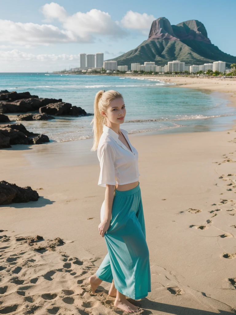 her name is Elle, high quality, 1girl, ((20-year-old fit Caucasian woman)), ((20 years old)), ((fit)), ((pale skin)), ((sleek ponytail blonde colored hair)) , wearing Green Embroidered Sheer Kimono + High-Waisted Palazzo Pants, pose: standing, background: Describe the tropical urban paradise of Waikiki Beach in Honolulu, with its high-rise hotels, pristine beaches, and the iconic Diamond Head crater in the background.