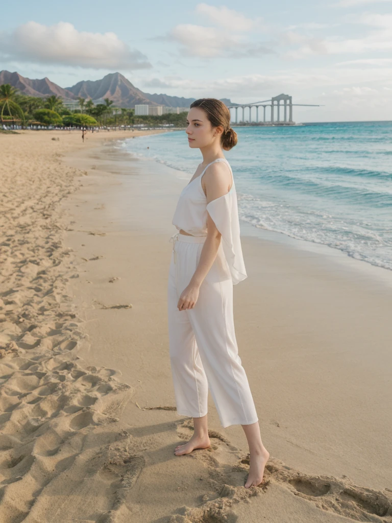 her name is Elle, high quality, 1girl, ((20-year-old fit Caucasian woman)), ((20 years old)), ((fit)), ((pale skin)), ((sleek ponytail blonde colored hair)) , wearing Green Embroidered Sheer Kimono + High-Waisted Palazzo Pants, pose: standing, background: Describe the tropical urban paradise of Waikiki Beach in Honolulu, with its high-rise hotels, pristine beaches, and the iconic Diamond Head crater in the background.