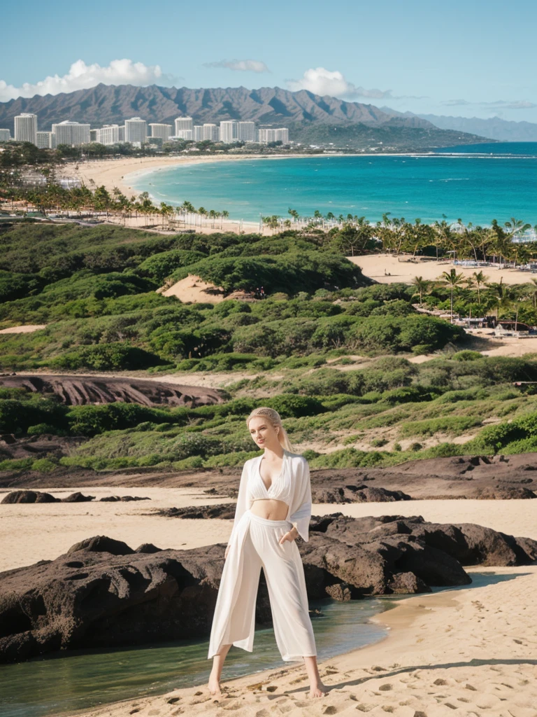 her name is Elle, high quality, 1girl, ((20-year-old fit Caucasian woman)), ((20 years old)), ((fit)), ((pale skin)), ((sleek ponytail blonde colored hair)) , wearing Green Embroidered Sheer Kimono + High-Waisted Palazzo Pants, pose: standing, background: Describe the tropical urban paradise of Waikiki Beach in Honolulu, with its high-rise hotels, pristine beaches, and the iconic Diamond Head crater in the background.