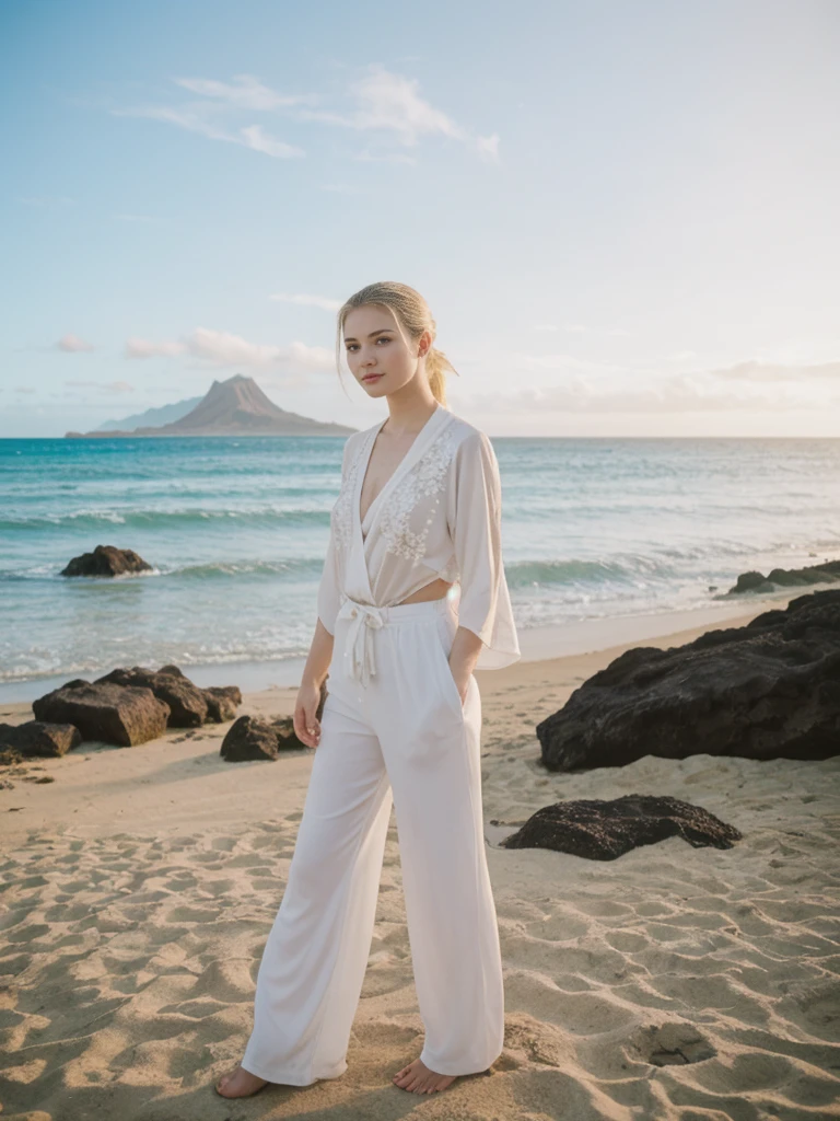 her name is Elle, high quality, 1girl, ((20-year-old fit Caucasian woman)), ((20 years old)), ((fit)), ((pale skin)), ((sleek ponytail blonde colored hair)) , wearing Green Embroidered Sheer Kimono + High-Waisted Palazzo Pants, pose: standing, background: Describe the tropical urban paradise of Waikiki Beach in Honolulu, with its high-rise hotels, pristine beaches, and the iconic Diamond Head crater in the background.