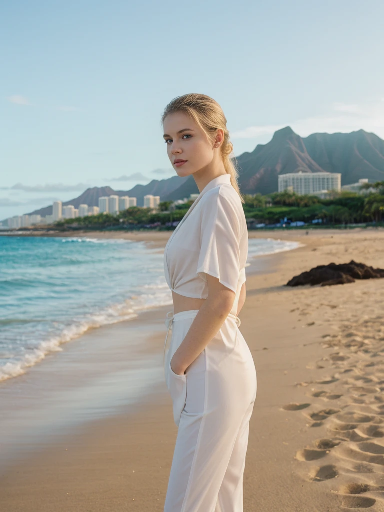 her name is Elle, high quality, 1girl, ((20-year-old fit Caucasian woman)), ((20 years old)), ((fit)), ((pale skin)), ((sleek ponytail blonde colored hair)) , wearing Green Embroidered Sheer Kimono + High-Waisted Palazzo Pants, pose: standing, background: Describe the tropical urban paradise of Waikiki Beach in Honolulu, with its high-rise hotels, pristine beaches, and the iconic Diamond Head crater in the background.