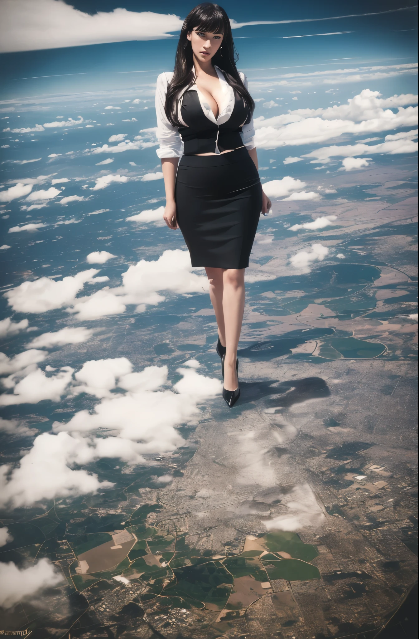 Kat Dennings, (masterpiece, best quality, best shadows, best shading, perfect hands, perfect face, cinematic lighting, colorful, ultra-detailed, beautiful photography, character focus, extremely-detailed, photorealistic, hyper photorealism, atmospheric), (rural destruction:1.2), (giantess, stereotypical office worker), (dirty, filthy, unwashed, sweaty, unkempt, angry, tired, exhausted, annoyed), (walking, mid stride, stepping down on, stomping, crush, rampage), (black patent Louboutin pointed toe pumps, high heels, stiletto heels), ((revealing crisp white blouse, short black pencil skirt)), ((long straight hair with front bangs)), (high altitude photography, satellite view), (busty, curvy, exposed cleavage, heaving bosom, legs), (urban sprawl, farmland and small towns, destruction, buildings, roads), (cloudy, overcast, clouds and atmosphere partly obscuring the subject, hazy atmosphere, haze in foreground, wispy clouds)