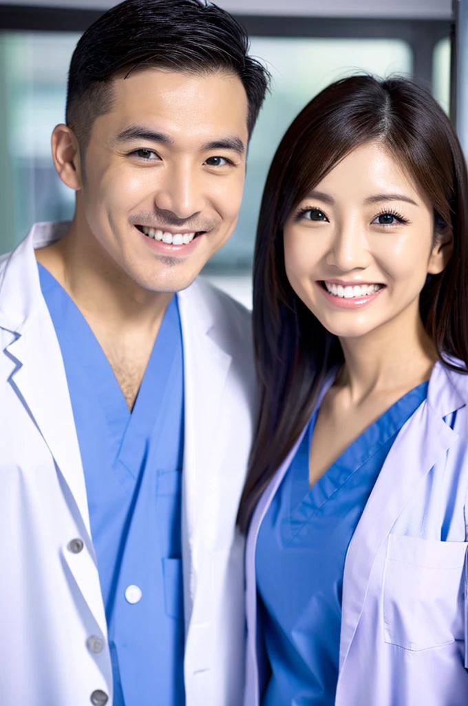 Male dentist and female dental hygienist 2people A good business partner 日本people系 Wearing a lab coat Wearing medical scrubs Upper body close-up high resolution high resolution Highest quality 日本people Harmony々 Mask not worn
