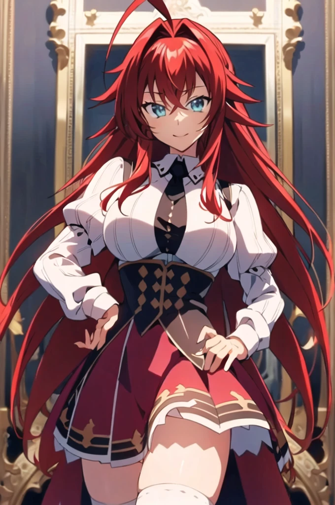 (extremely detailed CG unity 8k wallpaper),(masterpiece),(best quality),(ultra-detailed),(best illustration),(best shadow),(absurdres),(detailed background), Rias Gremory, 1girl, long hair, , solo, red hair, ahoge, blue eyes, large breasts, breasts, very long hair, skirt, hand on hip, full body, huge ahoge, smile, white background, socks