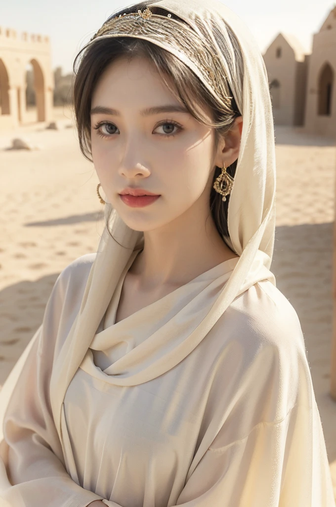 (((best quality))),(((ultra detailed))),(((masterpiece))),illustration,1girl, solo,princess, Arabic,slim,thin,flat chest,small breasts, palace, desert, gold, gemstones,headscarf, veil on face,white sheer traditional clothing, hairband, deep eyes, elegant face, subtle smile, sunlight, shining, serene, environment,day scene,out door,upper body,from front
