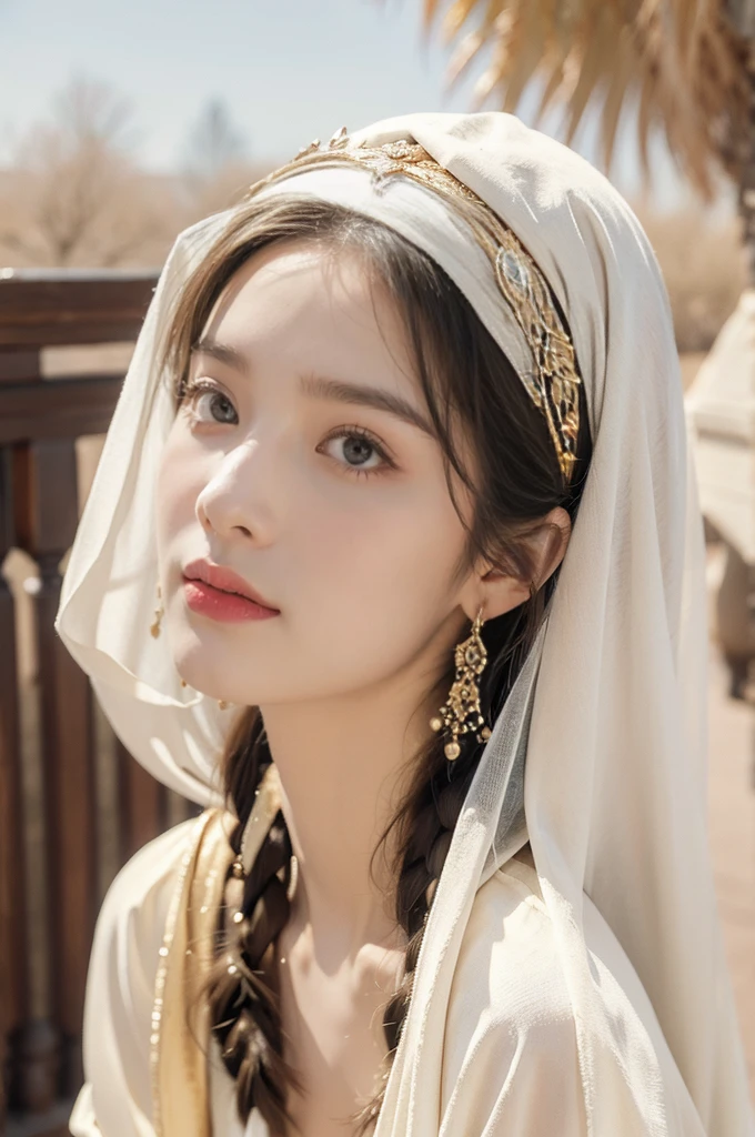 (((best quality))),(((ultra detailed))),(((masterpiece))),illustration,1girl, solo,princess, Arabic,slim,thin,flat chest,small breasts, palace, desert, gold, gemstones,headscarf, veil on face,white sheer traditional clothing, hairband, deep eyes, elegant face, subtle smile, sunlight, shining, serene, environment,day scene,out door,upper body,from front