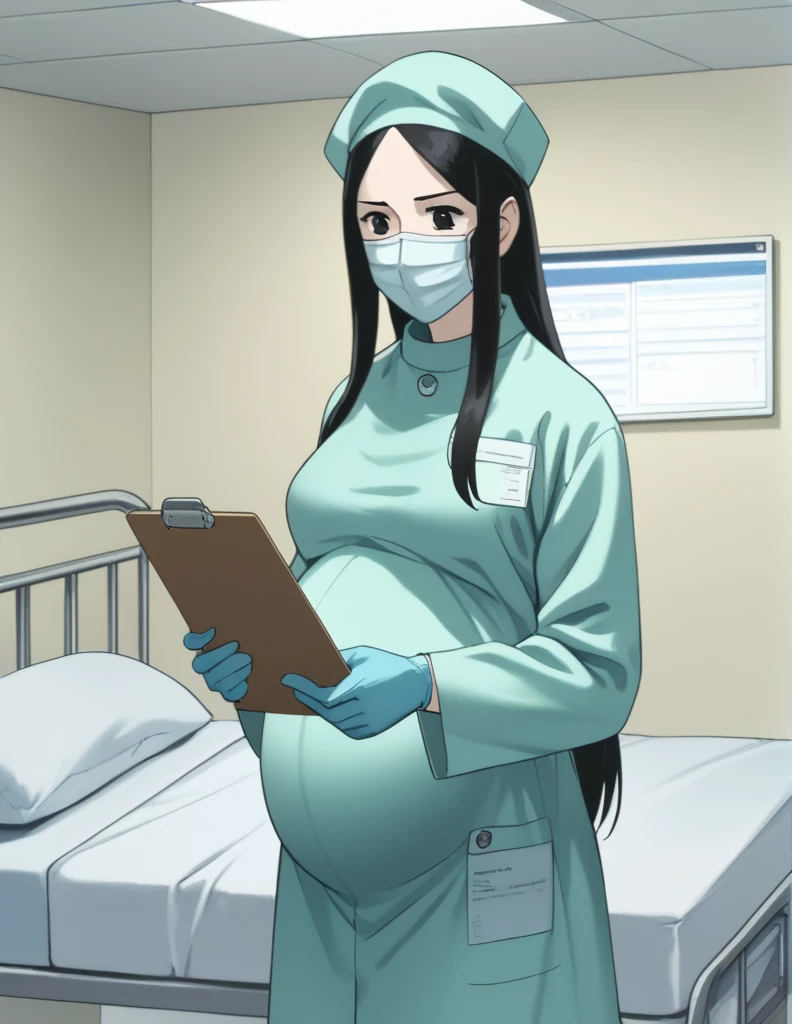 score_9, score_8_up, score_7_up, source_anime, kasuganoray, pale skin, shy eyes, long hair, scrubs, surgical mask, surgical cap, long sleeve surgical gown,
1girl, pregnant, solo, rubber gloves, clipboard, looking down, furrowed brow, privacy screen, hospital bed, standing