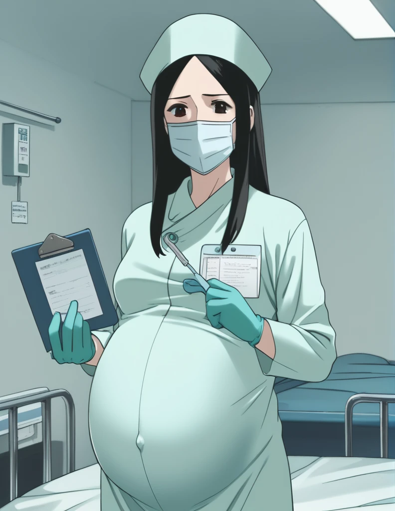score_9, score_8_up, score_7_up, source_anime, kasuganoray, pale skin, shy eyes, long hair, scrubs, surgical mask, surgical cap, long sleeve surgical gown,
1girl, pregnant, solo, rubber gloves, clipboard, looking down, furrowed brow, privacy screen, hospital bed, standing
