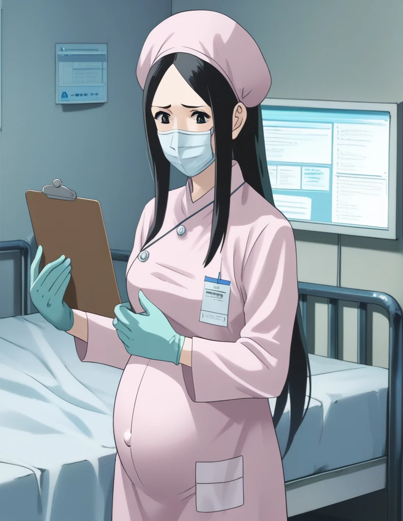 score_9,  score_8_up, score_7_up, source_anime, kasuganoray, pale skin, shy eyes, long hair, scrubs, surgical mask, surgical cap, long sleeve surgical gown,
1girl, pregnant, solo, rubber gloves, clipboard, looking down, furrowed brow, privacy screen, hospital bed, standing