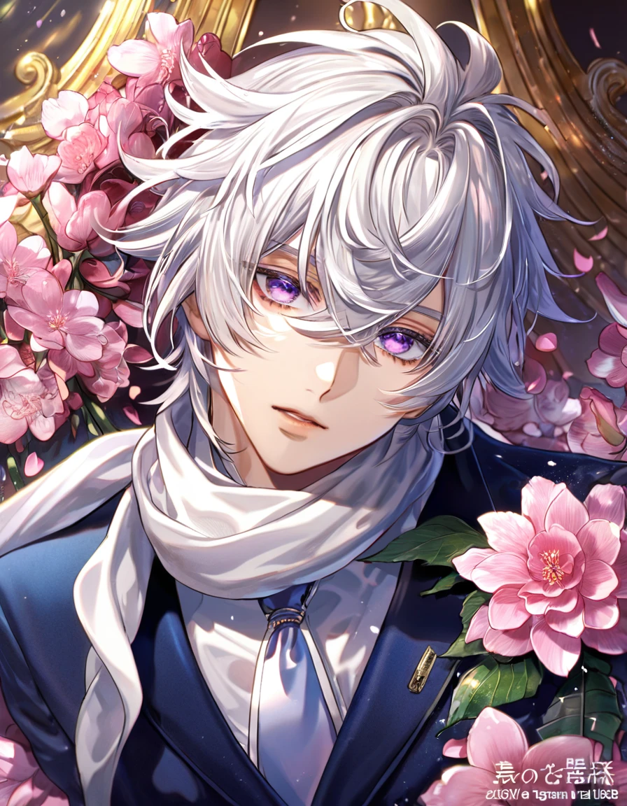 absurdres, highres, ultra detailed, HDR, master piece, best quality, Gauche Suede, white hair, expressive purple eyes, messy hair, hair between the eyes, Tegami Bachi, solo, sexy man, handsome, white scarf, dark blue jacket, white shirt, dark blue necktie, fantasy, shining, pink flowers, pink blossoms, pink petals