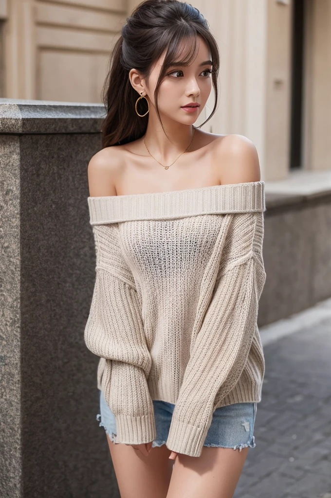 ((Highest quality)), ((masterpiece)), (detailed), One girl, Off-the-shoulder sweater,