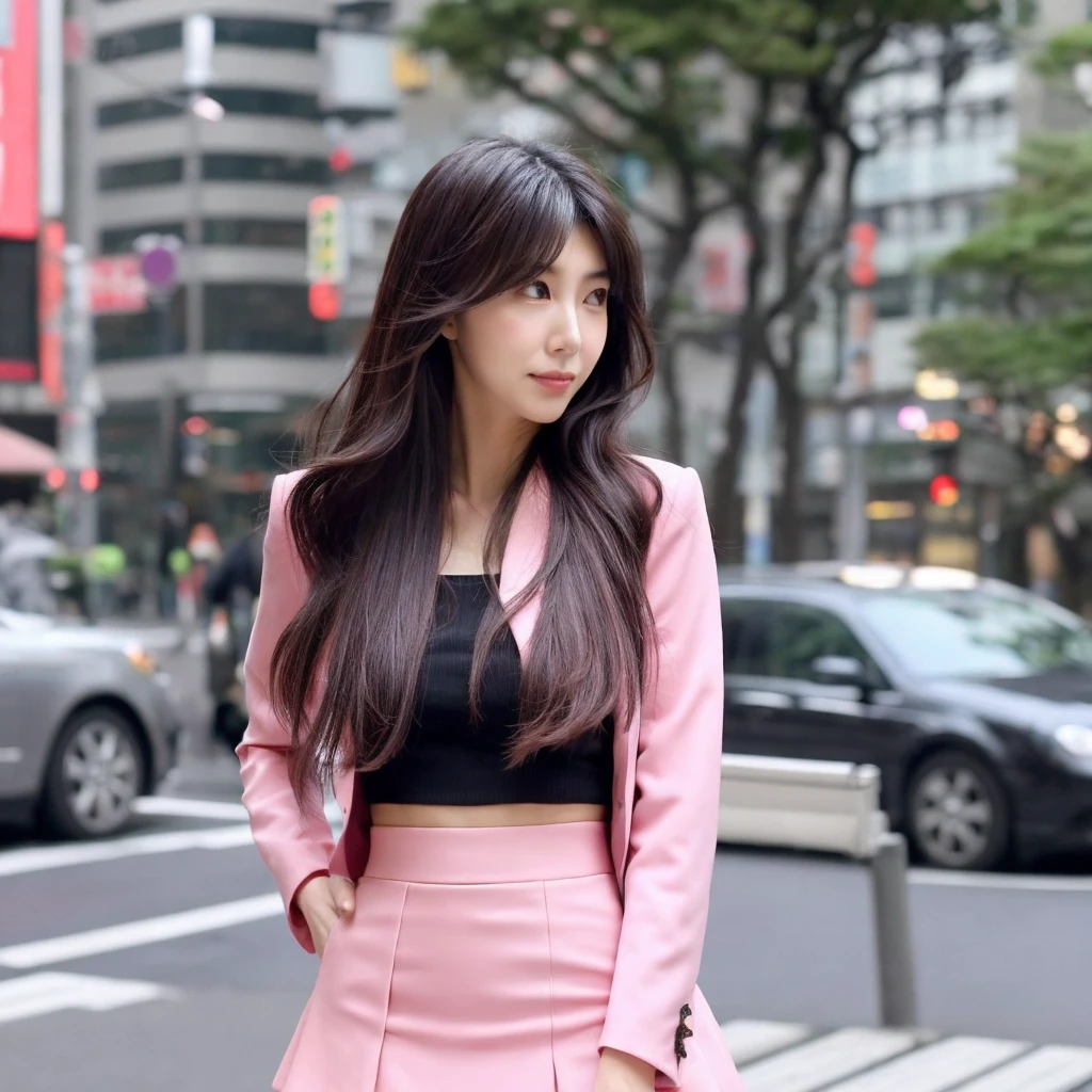Close up,1 girl,solo, random post, Beautiful girl,(((Aimi Rin))) ,long hair, Beautiful shape ,wear a tight pink suit, tight skirt ,(short skirt),looking at camera,25 years old, in the Tokyo city