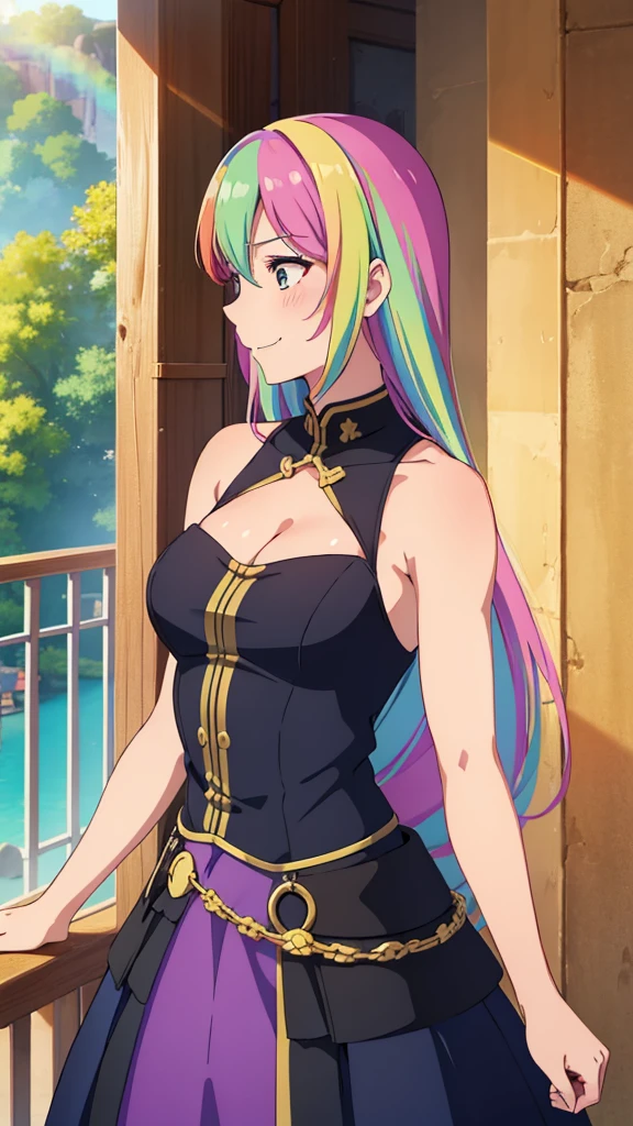 (1girl,20 years old),rainbow hair,long hair,medusa hair,black dress, sleeveless,bare shoulders,smile,blush,extra arms,four arms,cleavage,looking at view,sunlight,village,on the balcony of a mansion,profile