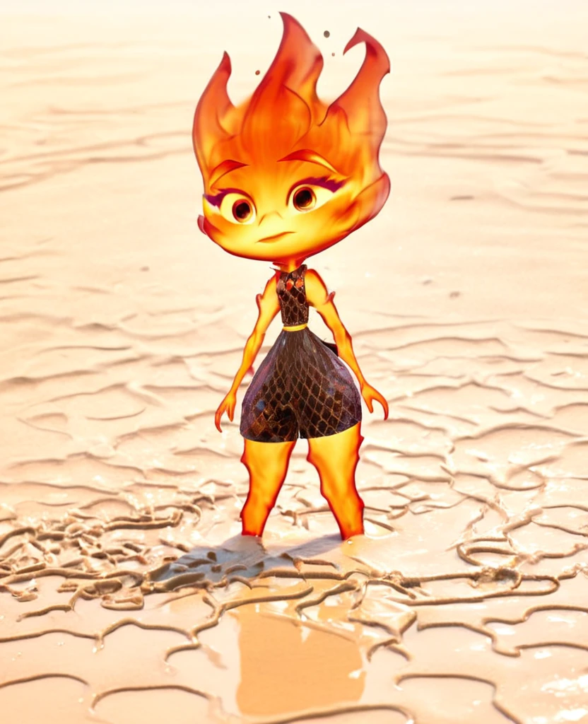 ember concept art, chibi ember, ember, ember standing, view from behind, view from back, three quarters from back she is stuck in quicksand