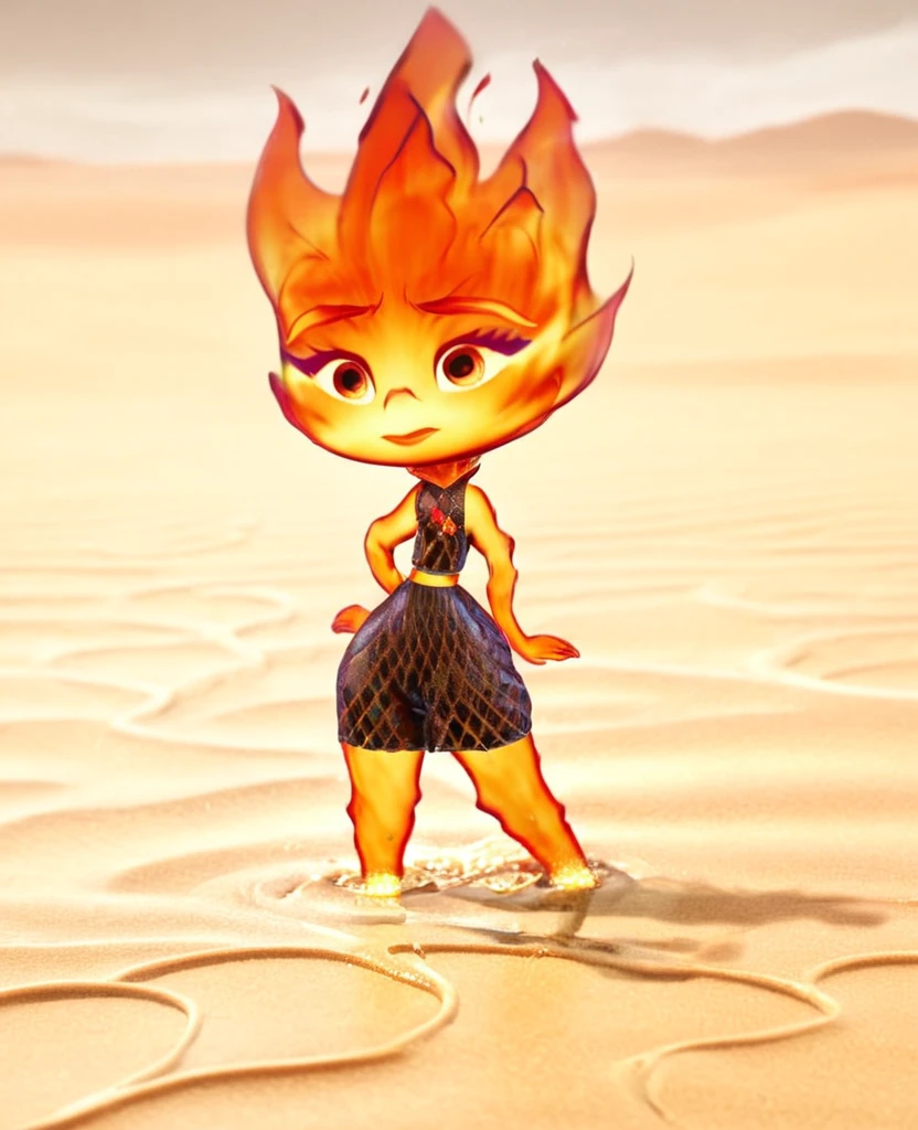 ember concept art, chibi ember, ember, ember standing, view from behind, view from back, three quarters from back she is stuck in quicksand 