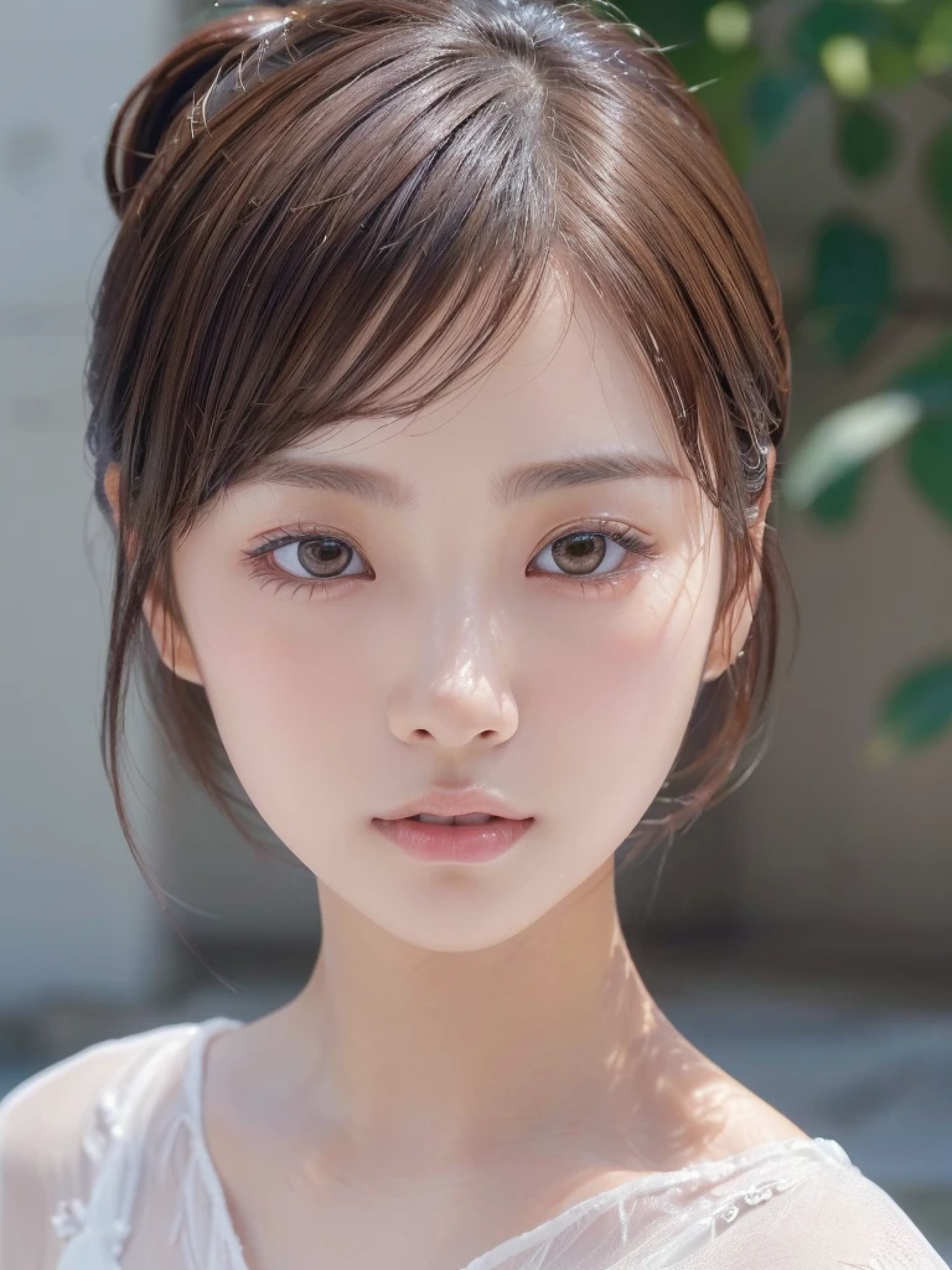 ((Front face、Close-up of face、cute japanese girl、Beautiful Japanese Girl、One girl、19 years old、ponytail、Highly detailed face and skin texture、Ultra detailed face、Ultra-detailed eyes、Red、blush、front、 cute、Highly detailed face and skin texture、Smooth white skin、Translucent skin texture、))、(Dark Brown Hair)、looking at the camera、Sharp Focus：1.2、Beautiful woman with perfect style：1.4、Japanese Model、((Highest quality、8K、RAW Photos、masterpiece:1.5、１Photos、Place people across the entire screen、))(Realistic、Photo realistic:1.5)、