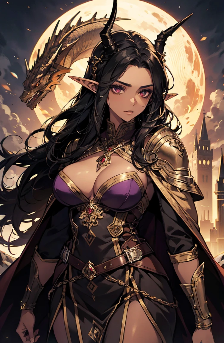 brown skin, older woman, sexy, tall, brown skin, one dragon wing, black hair, elf, elf ears, dragon horns, dark clothing, purple clothing
