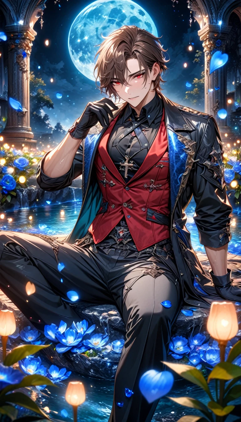 absurdres, highres, ultra detailed, HDR, master piece, Elian, dark brown hair, expressive red eyes, cross neckle, red vest, Demon Fantasy, sexy man, handsome, best quality, blue moon, flowers, fantasy, magical, solo, black coat, water, blue shining fireflies, hunter, black gloves, black shirt, blue petals, sitting, black pants