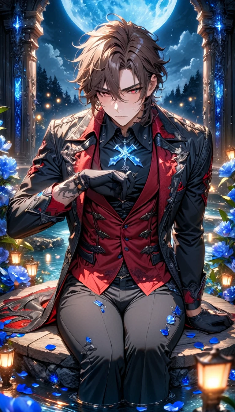 absurdres, highres, ultra detailed, HDR, master piece, Elian, dark brown hair, expressive red eyes, cross neckle, red vest, Demon Fantasy, sexy man, handsome, best quality, blue moon, flowers, fantasy, magical, solo, black coat, water, blue shining fireflies, hunter, black gloves, black shirt, blue petals, sitting, black pants