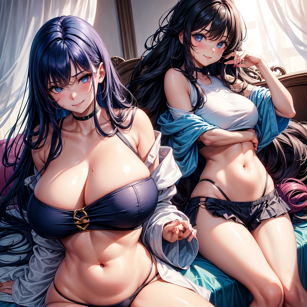 1girl solo, pink bedroom, crop top, looking at viewer, bratty girl, perfect beautiful girl, dark blue hair, red and blue eyes, small nose, plump soft lips, sweating, large breast, confidence, beautiful perfect girl, dominant, long hair, fit body, small waist, big breasts, voluminous hair, big hair, long hair, unbothered face, smiling, impressive big enormous . She is dressed.