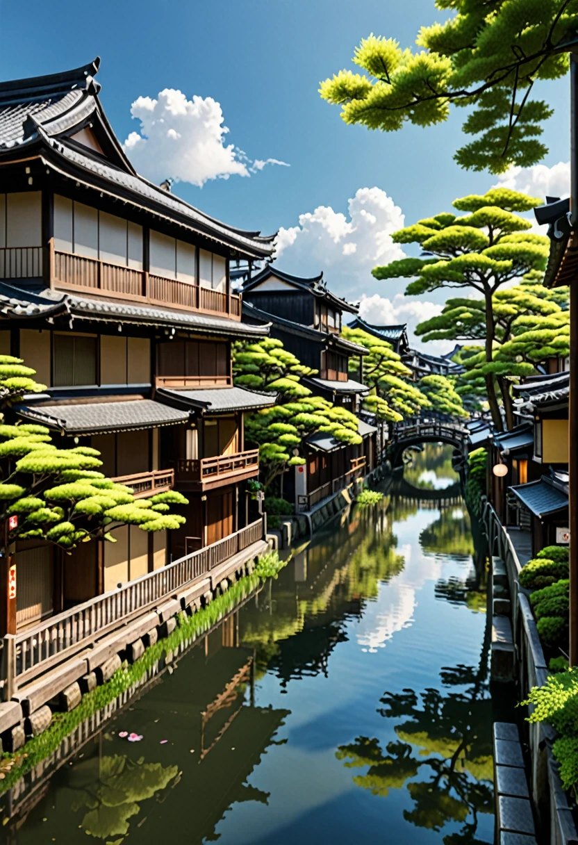 (Masterpiece, highest quality, 8K, high resolution, ultra-definition、detailed、Detailed、Fine、:1.5) Traditional Japanese street and canal、There are wooden buildings and Japanese signs, surrounded by lush greenery and a quiet canal with the summer sky reflected on its surface.、A warm and calm landscape with a beautiful contrast of sun and shadow.。 Noise reduction using 8KHDR creates beautiful landscapes down to the last detail。