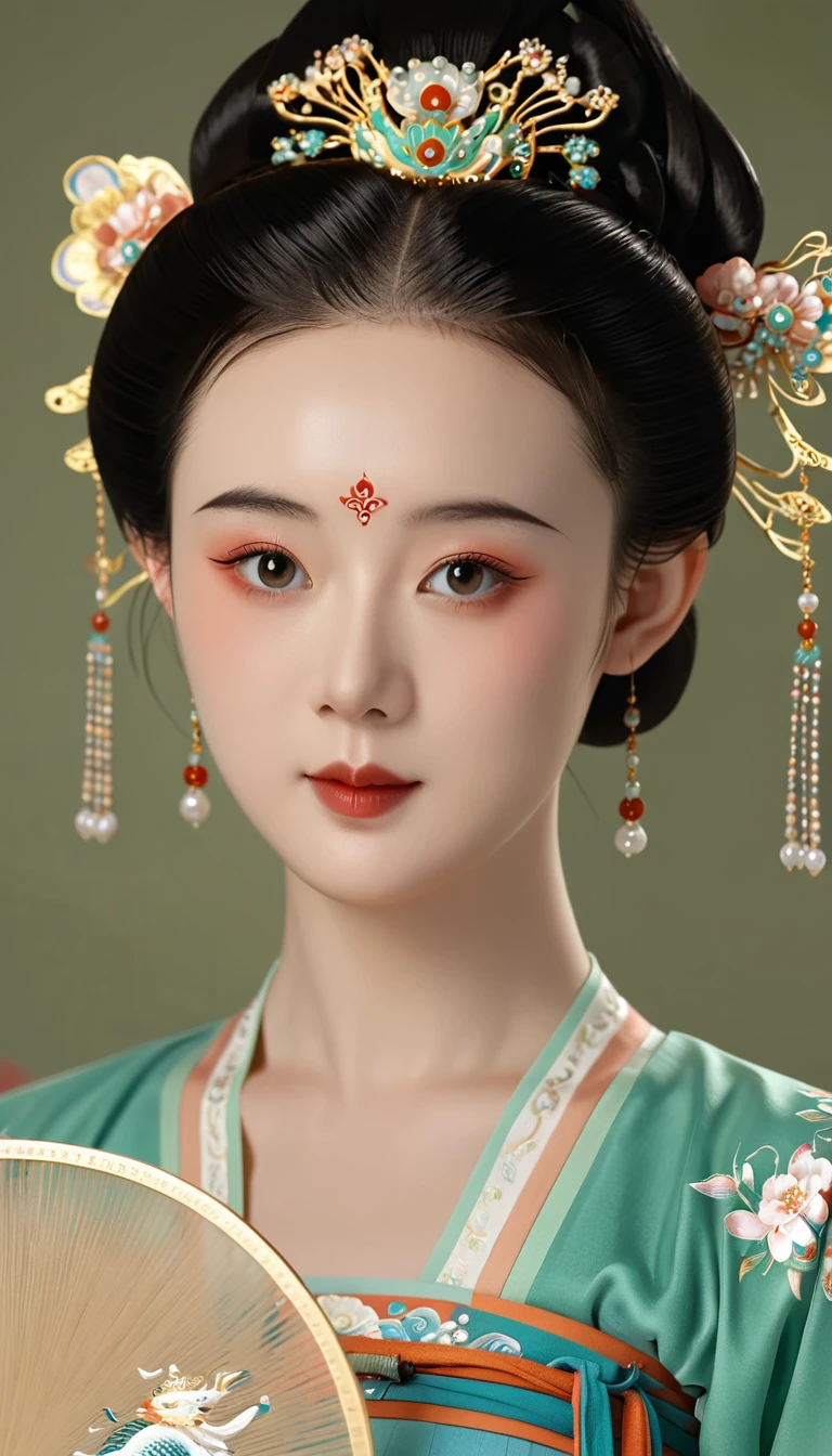 a beautiful young chinese girl in traditional song dynasty imperial court attire, symmetrical facial features, round face, bright eyes, smooth porcelain skin, holding an elegant chinese hand fan, clean background, (best quality,4k,8k,highres,masterpiece:1.2),ultra-detailed,(realistic,photorealistic,photo-realistic:1.37),intricate details,exquisite,elegant,refined,breathtaking,mesmerizing,magnificent