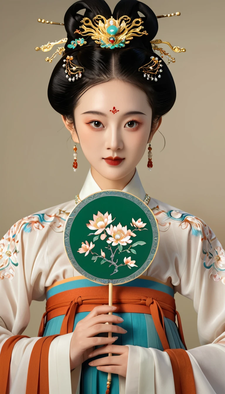 a beautiful young chinese girl in traditional song dynasty imperial court attire, symmetrical facial features, round face, bright eyes, smooth porcelain skin, holding an elegant chinese hand fan, clean background, (best quality,4k,8k,highres,masterpiece:1.2),ultra-detailed,(realistic,photorealistic,photo-realistic:1.37),intricate details,exquisite,elegant,refined,breathtaking,mesmerizing,magnificent