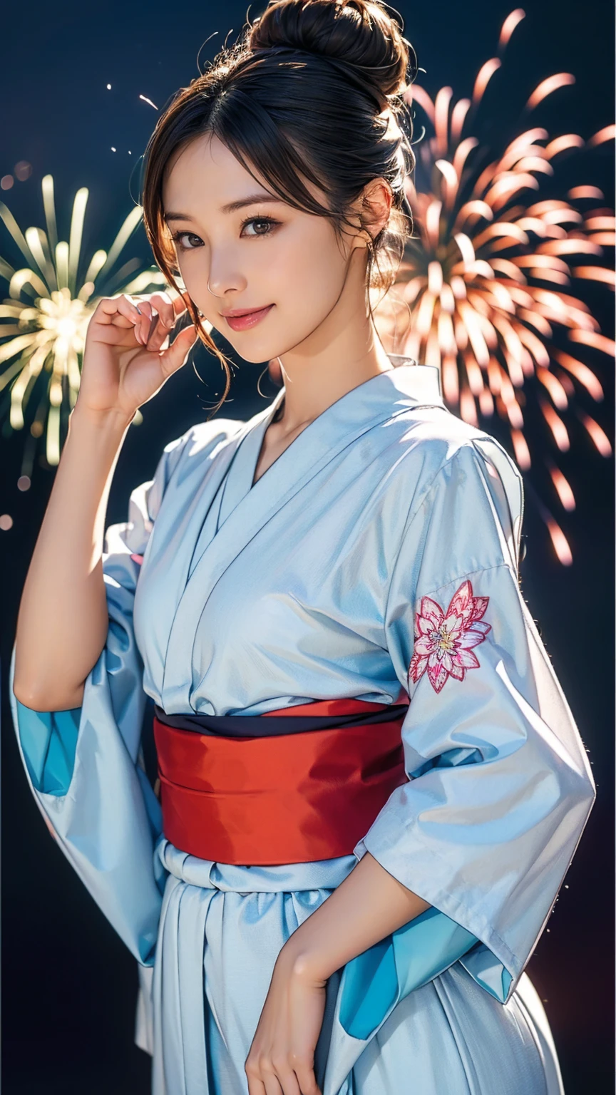 ((masterpiece)),(((Highest quality))),((Character design sheet)),A Japanese yukata with a flashy pattern:1.5,Stylish sandals:1.5,The best smile:1.5,Upper Body Shot:1.5,Night fireworks background:1.5,Flashy makeup with red eyeshadow:1.5,Bun Hair:1.5,