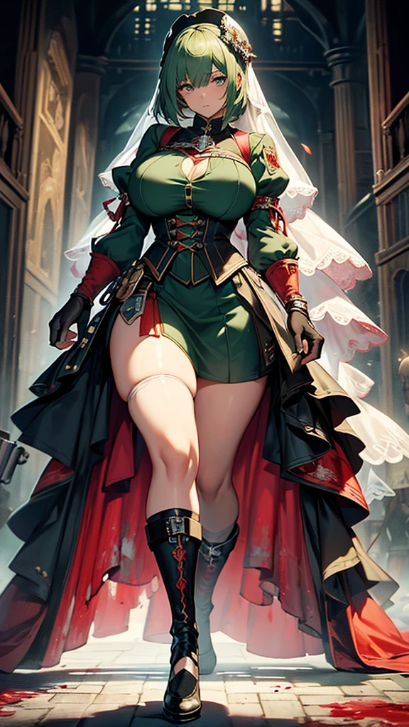 one woman, bloodstained girl, castleton-green colored hair, strong, firm body, thick thighs, big breasts, muscular arms, bloodstained Bride dress , sfw, sexy, full body, masterpiece, highly detailed, bloodstained clothes, large jackhammer in hand, tall women, bloodstained background