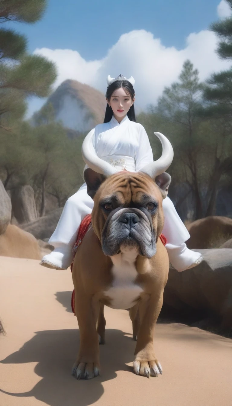 Surrealism, 8K, master work, ultra high definition resolution. In the ice age, a white Han costume beauty riding a big Bulldog came towards the camera. The big Bulldog has two horns, a long white beard, big eyes and is super cute. The camera moves with the camera, and the white Hanfu beauty's face is super clear.