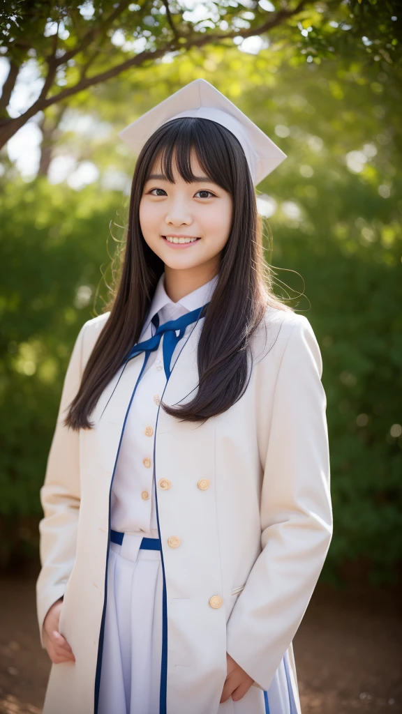 Cute girl in elementary school graduation uniform,japanes,extremely detailed eye and face, Sharp pupils,A 。In ultra-high resolution,Cute smile, Cinematic lighting,tranquil atmosphere、Beautiful fine details,extremely detailed eye and face、Ultra-wide-angle shooting、Girl with expressionless and puzzled face、Big Breasts、Upper body naked、Inverted nipples