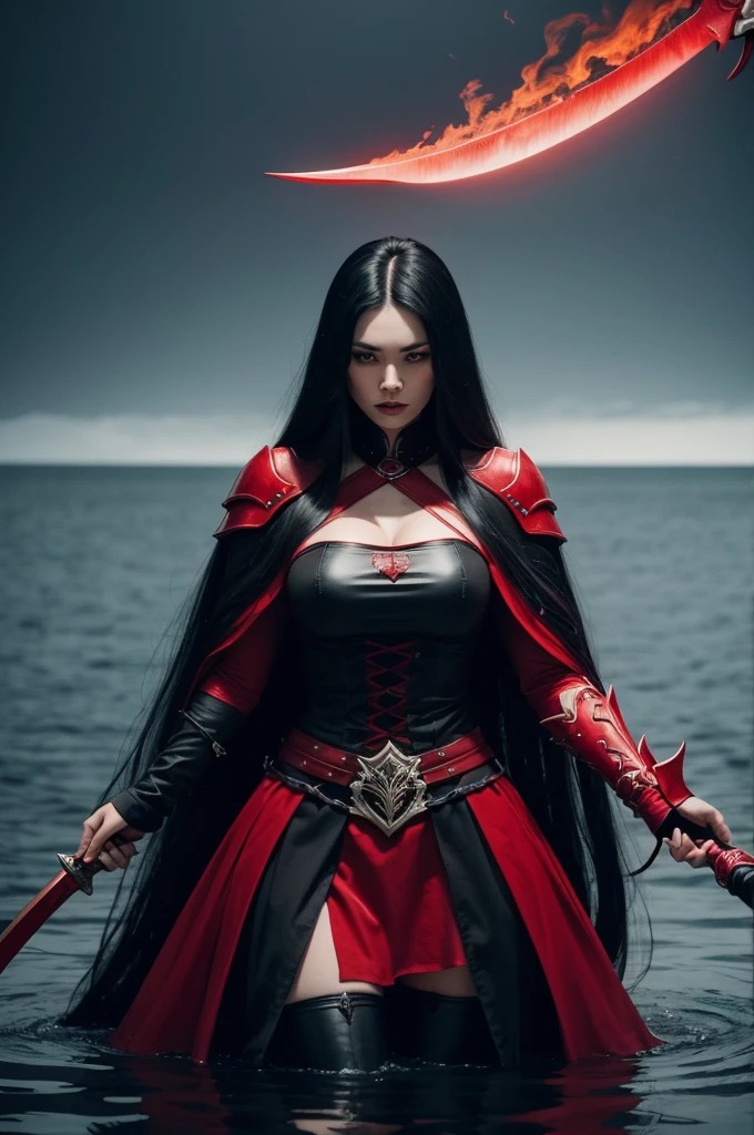 Digital art, photo realistic, hyper detailed, beautiful woman, 27 years old full height, hands behind her back, red-black gradient long straight hair, dark-green eyes, sea background, black skirt, red belt, leather dress, tight dress, slender figure, breasts, scythe