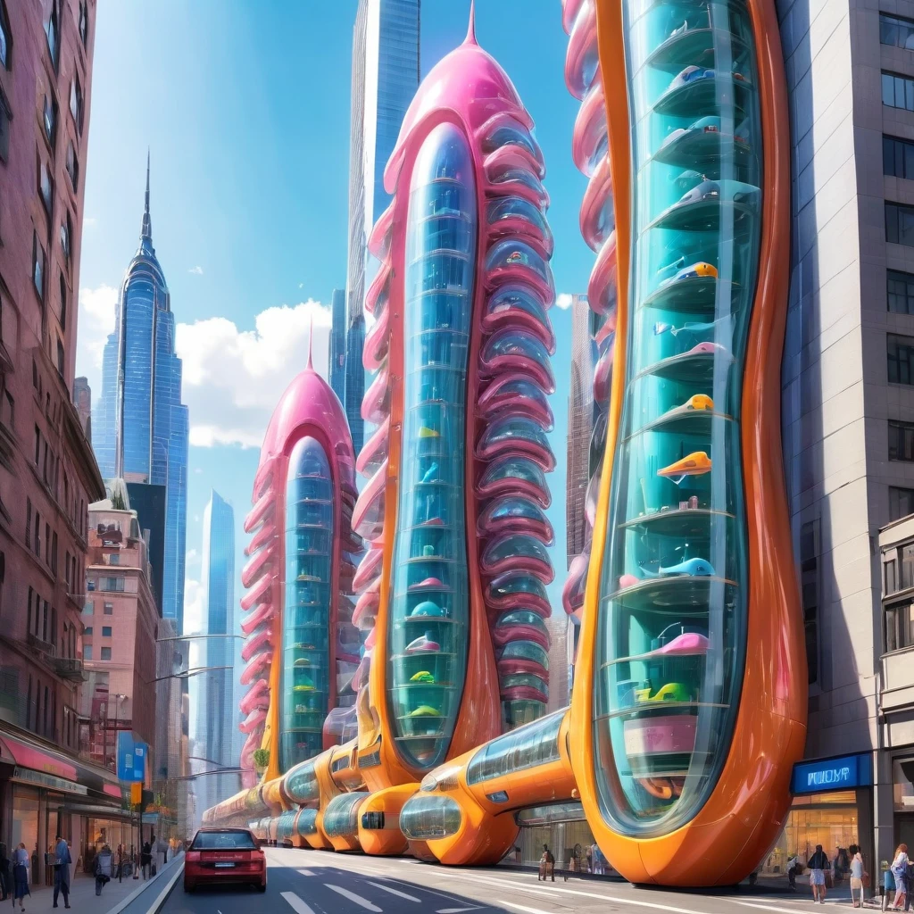 A great futuristic metropolitan made of glass and steel where tall buildings are shaped liked dildos and vehicles are individual sperm with wheels and windows moving down the streets. Tunnels look like vaginas. Hyper realistic, vibrant colors, 16k