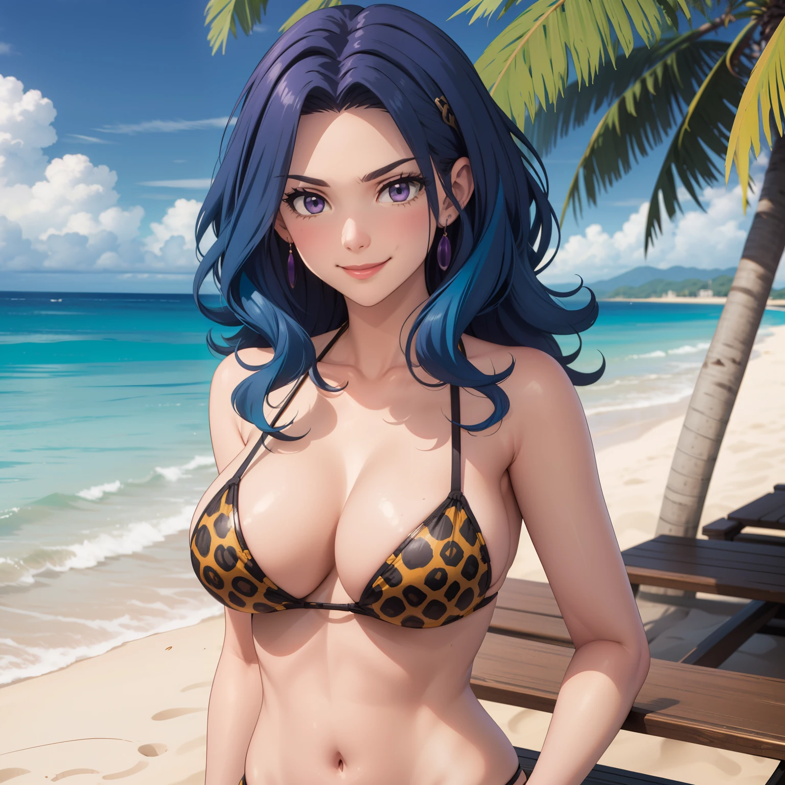 Women, 30 year old woman, wavy blue hair sueto, Free hair, violet eyes like , smug smile, big breasts naked, bikini violeta con diseño de leopardo, fondo una playa tropical.