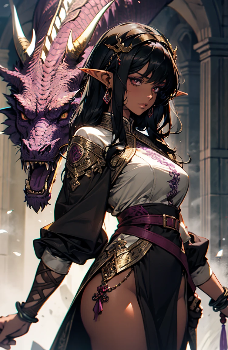 brown skin, older woman, sexy, tall, brown skin, one dragon wing, black hair, elf, elf ears, dragon horns, dark clothing, purple clothing