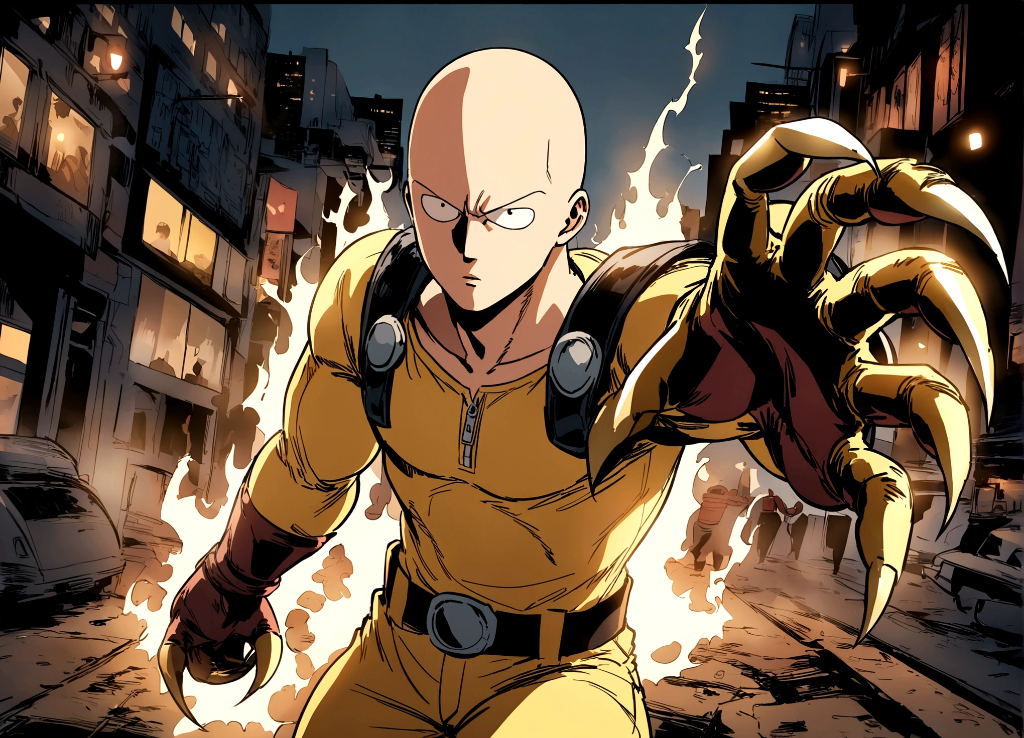 Marvel's Wolverine (90s comic style) is enraged, claws out ready to fight, One punch man Saitama is not impressed. set in new york city