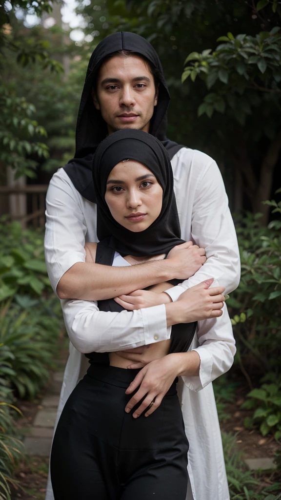 photorealistic couple portrait, husband short hair, husband wearing white collared shirt and black pants, wife wearing black abaya dress and hijab, wife cling to husband, facing to viewer, garden background, detailed facial features, intricate clothing textures, warm natural lighting, shallow depth of field, cinematic composition, vibrant colors, high-quality digital painting