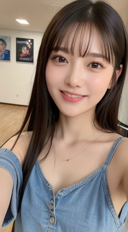 ((Highest quality、8K、masterpiece:1.5))、One Girl、Laughter、Blunt bangs、(Lots of vans:1.3)、(Esbian all over:1.4)、(Symmetrical face)、Ultra detailed face、Highly detailed mouth、Detailed eyes、Detailed ears、Slim face、(Selfie:1.3)、(Off the shoulder)、(Underarm)、(look up)、(From above)、(Large Breasts:0.9)、The background is blurred、(Black cardigan、Cleavage:0.6)、Shiny lip gloss
