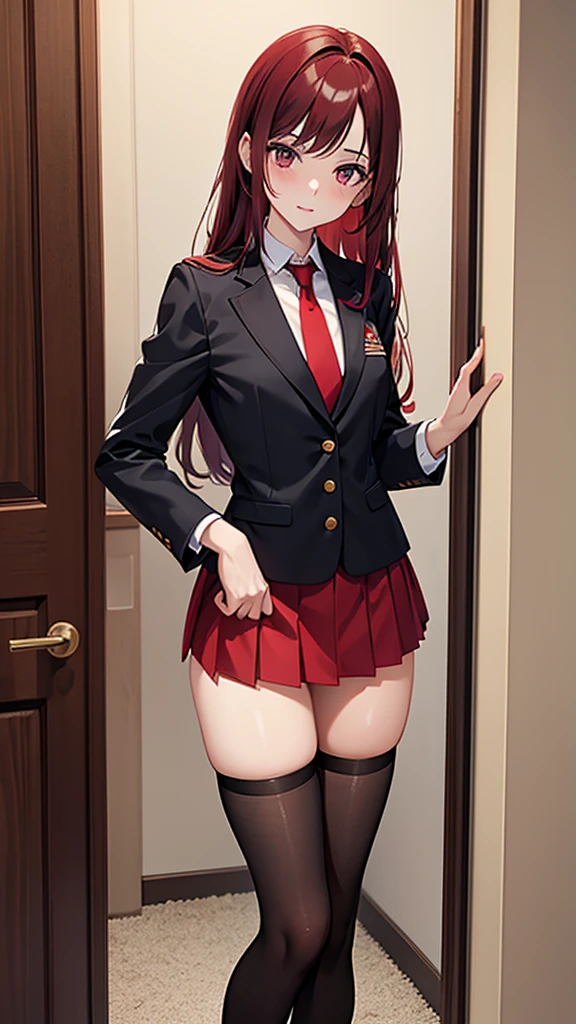 brunette woman , 21 years old year old, thin and small, college uniform, red tie, red hair, beauty, high stocking, black skirt