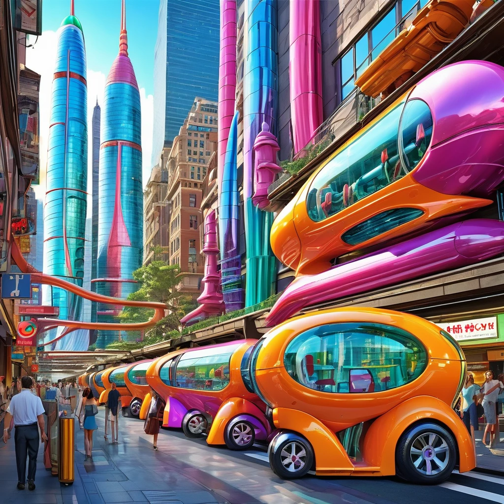 A great futuristic metropolitan made of glass and steel where tall buildings are shaped liked dildos and vehicles are individual ????? with wheels and windows moving down the streets. Tunnels look like vaginas. Hyper realistic, vibrant colors, 16k