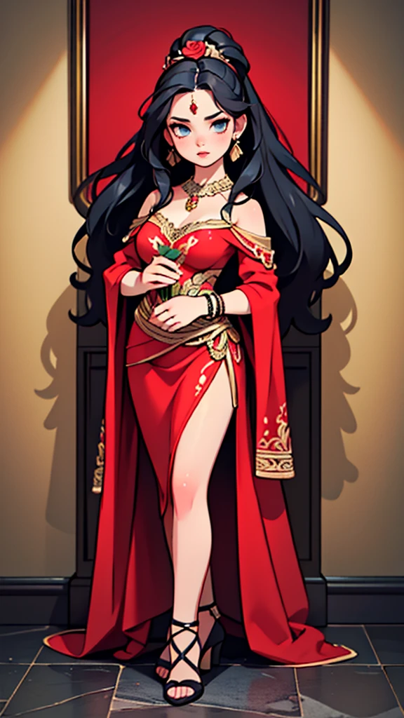 a beautiful gypsy woman, long black hair tied up, ornate decorated spanish gypsy red dress, masquerade style, detailed face, detailed lips, intricate patterns, chiaroscuro lighting, cinematic composition, dramatic lighting, vibrant colors, full body, holding a rose on her hands, little waist, cute style, like a cartoon, (best quality,4k,8k,highres,masterpiece:1.2),ultra-detailed,(realistic,photorealistic,photo-realistic:1.37)